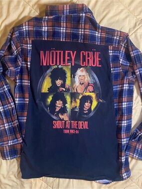 Motley Crue Graphic Flannel-Layered Men's Shirt - Black & Blue Plaid